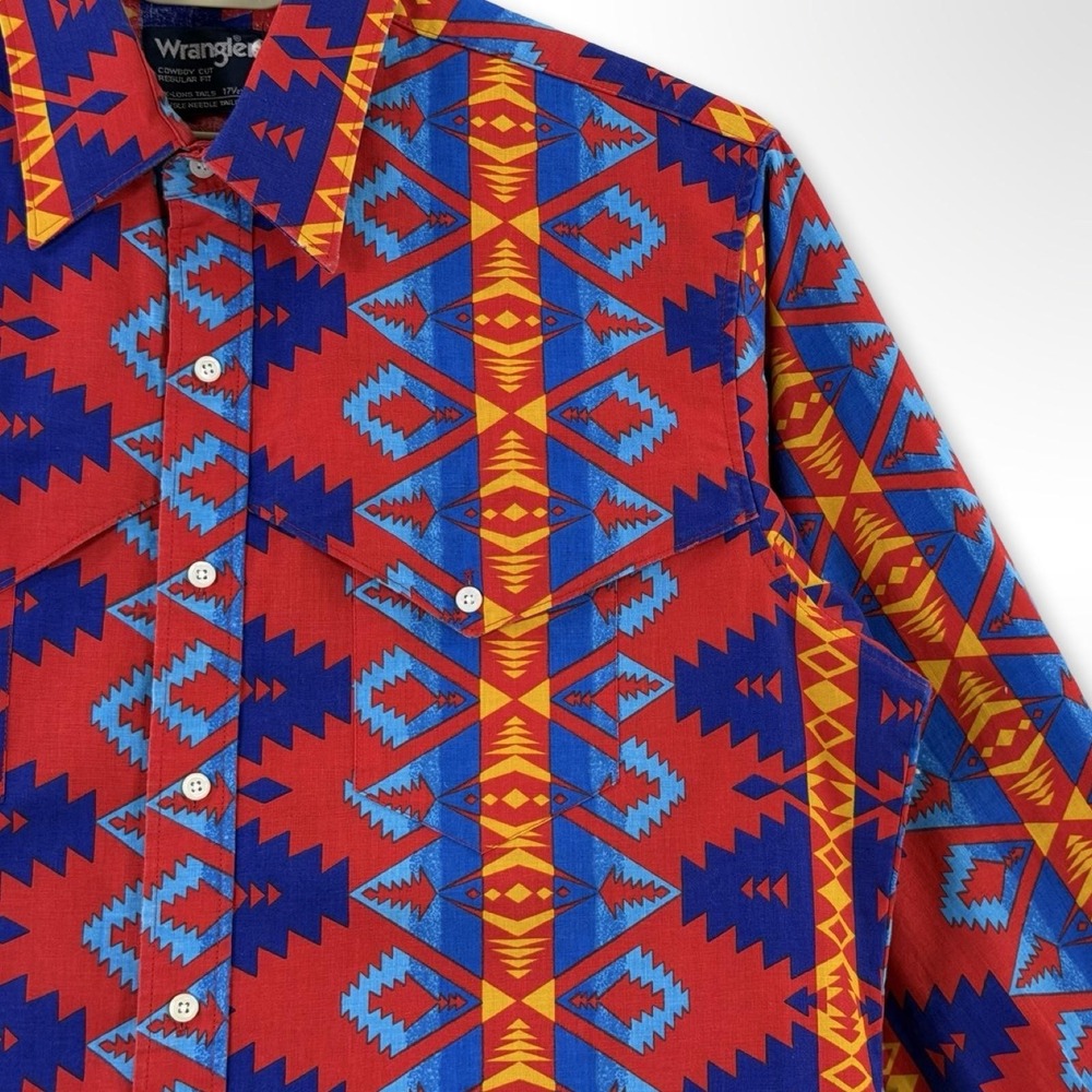 Wrangler Cowboy Cut Mens XL Aztec Western X-Long Tails Shirt - Picture 2 of 7